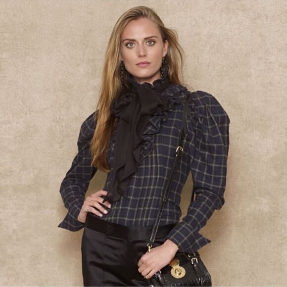 Ralph Lauren Blue Label Tops - Ralph Lauren Navy Blue Multi Brushed Cotton Check Plaid Ruffle Pleat Blouse